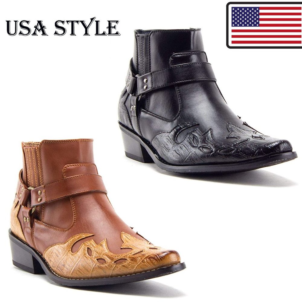 Men's Western Ankle low Cowboy Motorcycle Riding Pointy Toe Moto Dress Boots